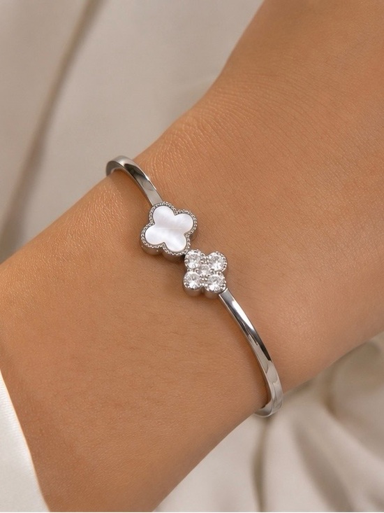 Jewelry - Silver Flower Cuff Bracelet - White Mother-of-Pearl & Crystal🤍🩶